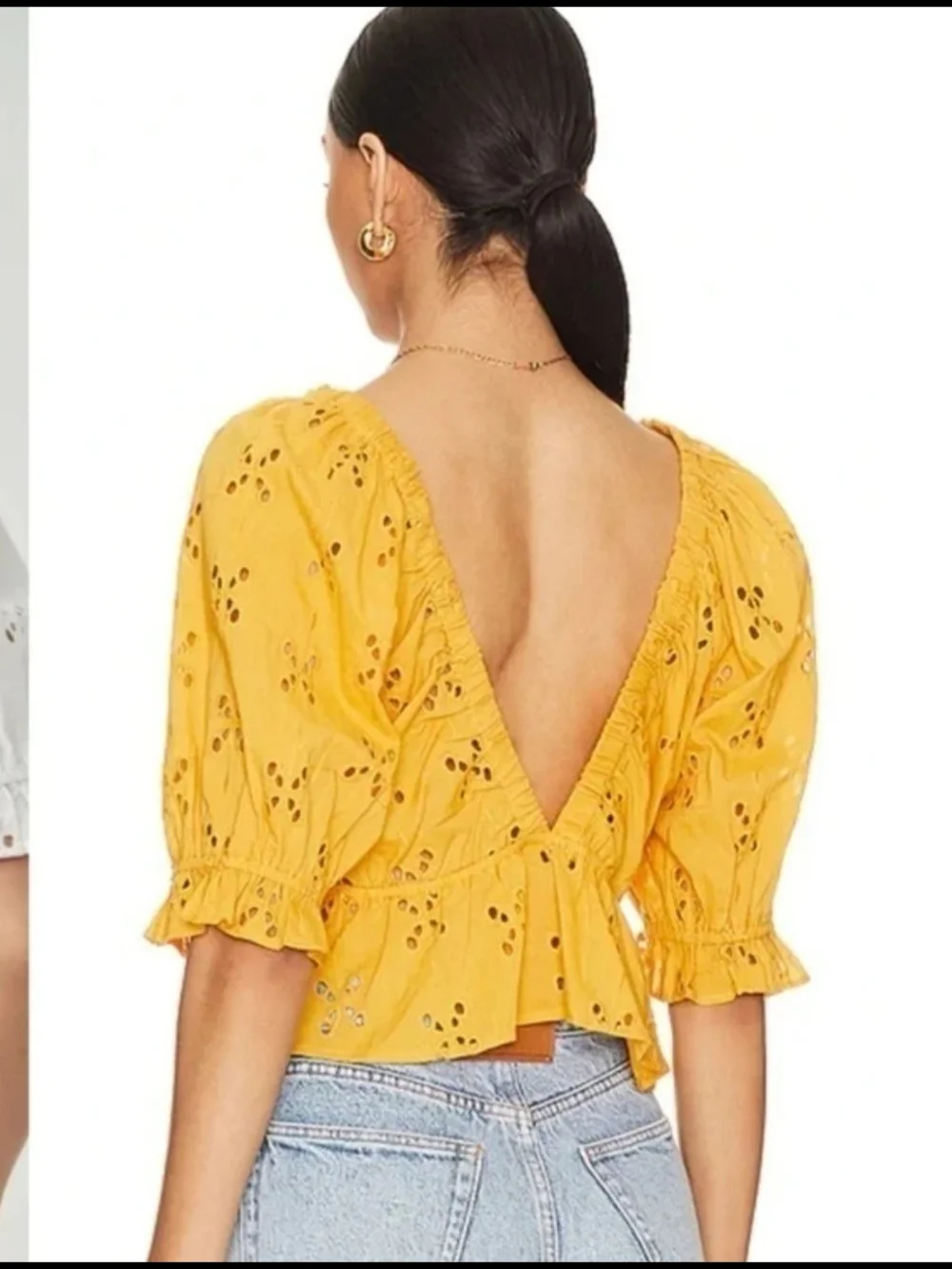 Free People Golden Mustard Eyelet Ruffle Peplum Top